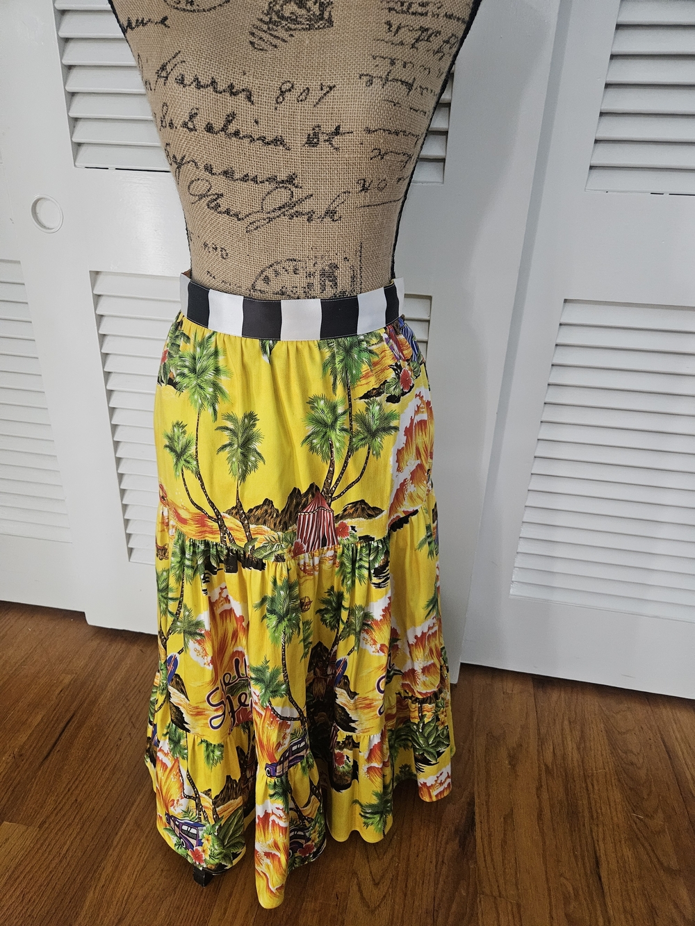 STELLA JEAN Yellow Tropical Print Maxi Skirt with Striped Fitted Waistband XS